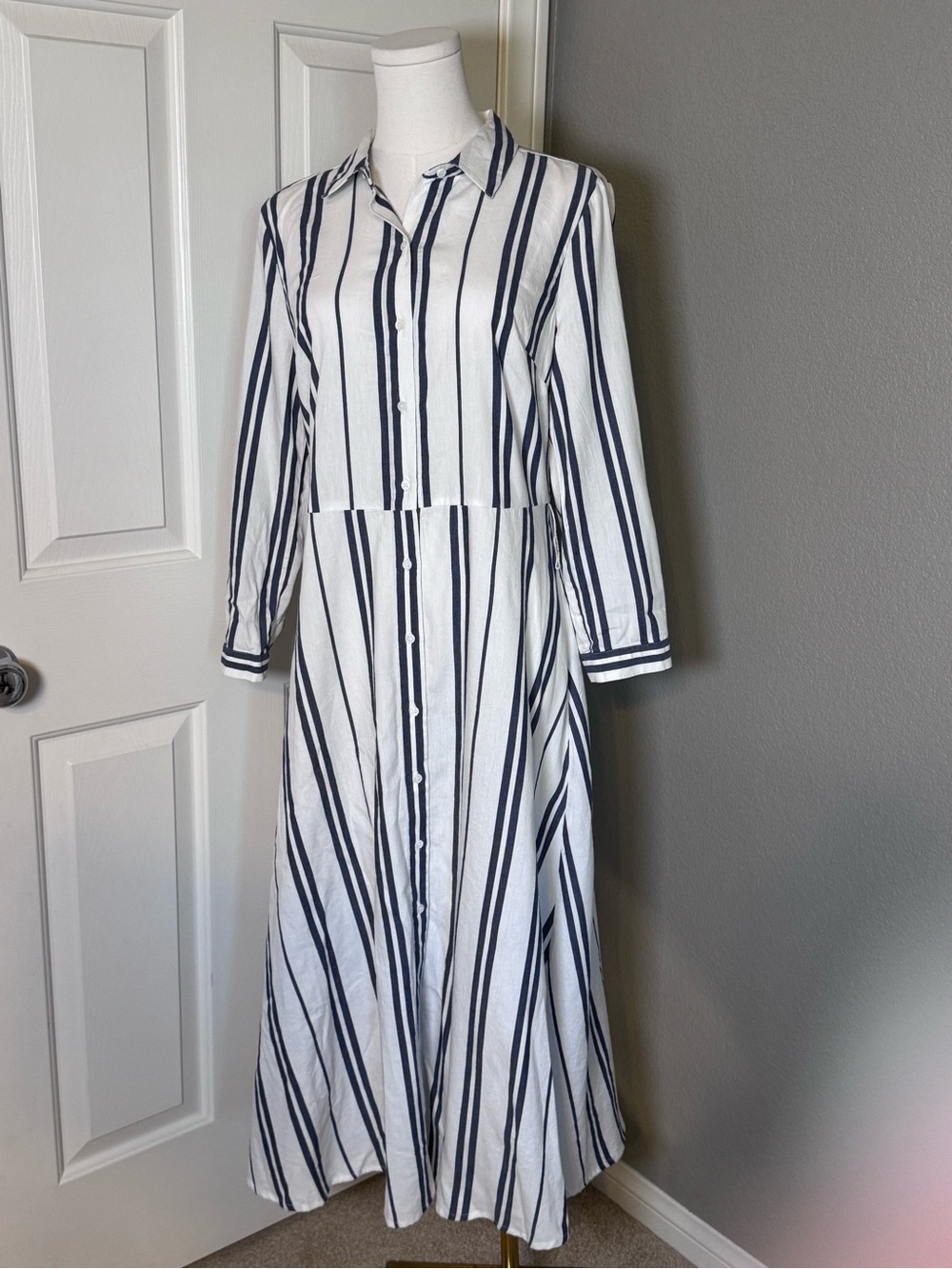 Vince Camuto White Dress with Navy Vertical Stripes